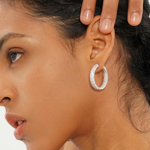 Iced Out Hoop Earrings Cubic Zirconia Huggie Cartilage Cuff Hypoallergenic 14K Gold Plated Luxury Fashion Round Circle Earrings For Men Women - color: 03 Silver
