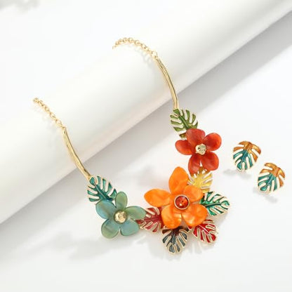 Vintage Statement Jewelry Set - Chunky Flower Floral Plant Geometric Resin Bib Necklace Earring Set Bohemian Boho Crystal Rhinestone Fashion Jewelry for Women Bridal Party Prom Unique Gift - style: MLJS2607