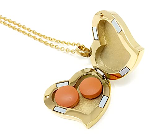 Amour Heart Pill Necklace - Polished Heart Locket with Strong Magnetic Closure - Medication Necklace - Keep Your Medication Securely with You at All Times - 26 Inch Chain - color: Gold