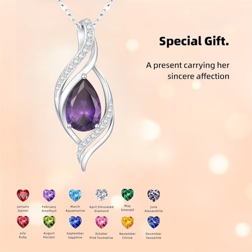 Birthstone Necklace for Women S925 Sterling Silver Teardrop | With Cubic Zirconia and Gemstones - Ideal Birthday Jewelry Gift for Her, Girlfriend, Wife, Mom on Birthday, Anniversary - color: 02 - Amethyst