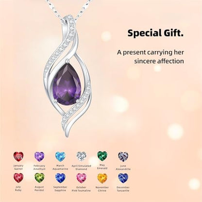 Birthstone Necklace for Women S925 Sterling Silver Teardrop | With Cubic Zirconia and Gemstones - Ideal Birthday Jewelry Gift for Her, Girlfriend, Wife, Mom on Birthday, Anniversary - color: 02 - Amethyst
