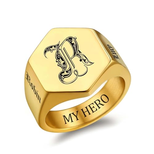 Custom Signet Ring for Men Personalized Initial Ring Custom Mens Rings Engraved Ring Customized Memorial Graduation Gifts for Father Husband Boyfriend Friends - color: Hexagon Gold