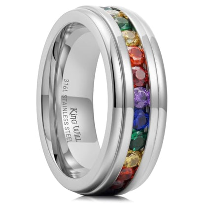 King Will 316L Stainless Steel Wedding Band for Men Cubic Zirconia Inlay | Silver-Tone, 6/7/8mm, Comfort Fit, Durable, Zirconia inlay, Promise Gift - color: Steekl-Multicolor-7mm