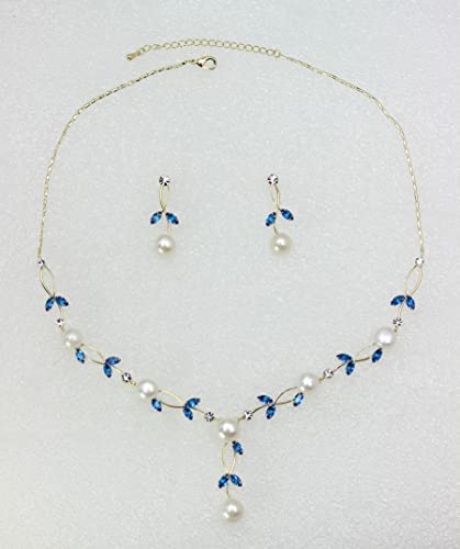 Faship Genuine Freshwater Pearls Floral Necklace Earrings Set | Premium CZ Crystal, Gorgeous, Sparkling - color: Blue / Gold Plated