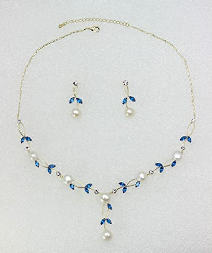 Faship Genuine Freshwater Pearls Floral Necklace Earrings Set | Premium CZ Crystal, Gorgeous, Sparkling - color: Blue / Gold Plated