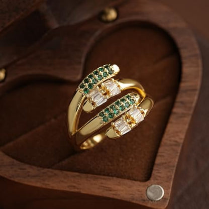 Adjustable 18K Gold Plated Open Bands Engagement Promise Ring for Women,Fashion Wrap Finger Cubic Zirconia Statement Cocktail Jewelry Gift (Green) - color: green