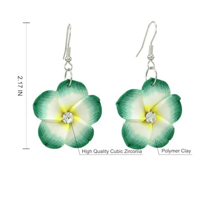Floral Dangle Earrings for Women Hawaiian Tropical Plumeria Rubra Flower Drop Earrings with Cubic Zirconia Luau Beach Party Vacation Hawaiian Accessories Jewelry Gift - color: Green
