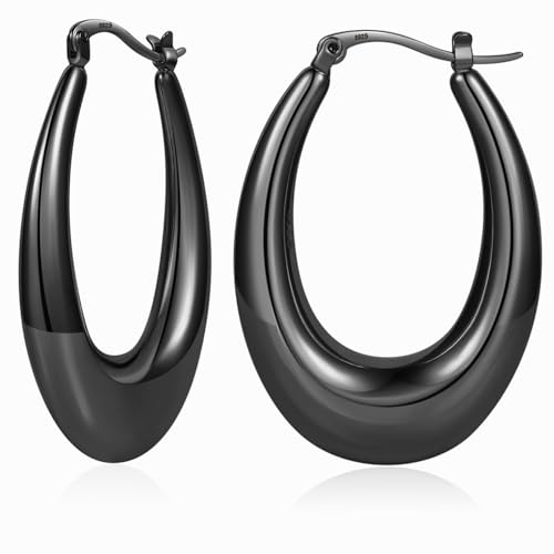 PABBEU Chunky Silver Hoops Earrings for Women Hypoallergenic | Lightweight 925 Sterling Silver Oval Hoop Earring, Sterling Silver Thick Hoop Earrings for Women Gift 25/28/30/38/40mm - color: black 40mm/ 1.57in