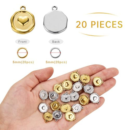 Heart Charms for Jewelry Making Stainless Steel Round Bulk Charm Pendant 2 Colors Charms with Jump Rings - color: Heart Gold Silver