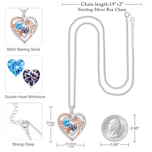 Iefil Heart Birthstone Necklace for Women - Double Birthstone Jewelry | 925 Sterling Silver, Gift Box Packaging, Anniversary Birthday Gifts for Women Wife Mom - color: 03-06-Mar-Jun Birthstone