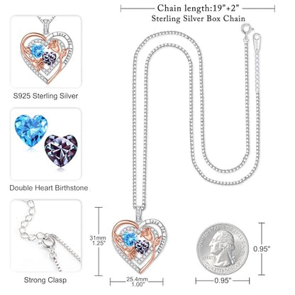 Iefil Heart Birthstone Necklace for Women - Double Birthstone Jewelry | 925 Sterling Silver, Gift Box Packaging, Anniversary Birthday Gifts for Women Wife Mom - color: 03-06-Mar-Jun Birthstone