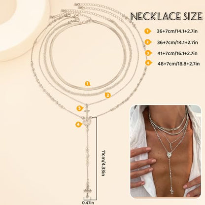 Layered Cross Necklace Set for Women, Layered Choker Necklaces Trendy Jewelry, Colorful Enamel Beaded Y-Shaped Lariat Necklace, Boho Multilayer Cross Necklace for Party and Daily Wear - color: Silver-01