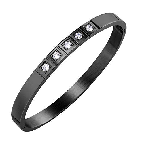 555Jewelry Stainless Steel CZ Cuff Hinged Bangle Bracelet for Men & Women - color: Black