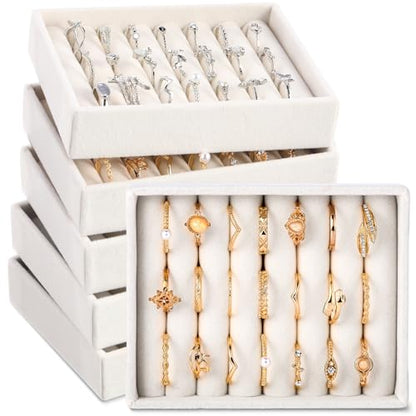 6 Pcs Small Jewelry Tray-ring Organizer Velvet Rings Earring Display Tray Mini Storage Insert Holder 7 Slots for Drawer(Beige) - color: Beige