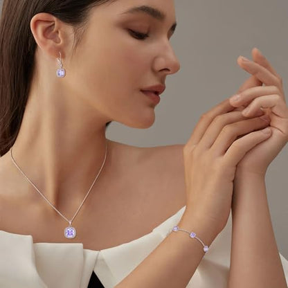Birthstone Necklace for Women 925 Sterling Silver Princess Cut Halo Necklace Pendant Jewelry for Mom Wife - color: Lavender