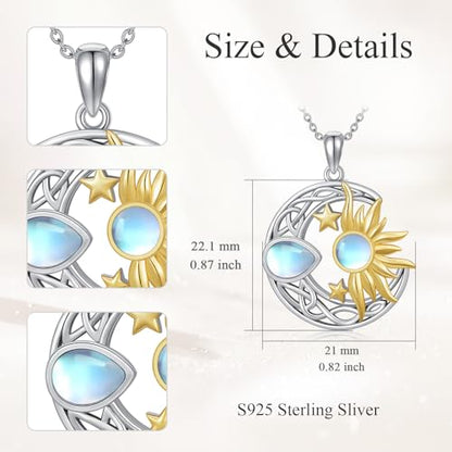 AOBOCO 925 Sterling Silver Moon Sun Star Necklace Celtic Jewelry for Women Girls - color: Silver&Gold&Moonstone