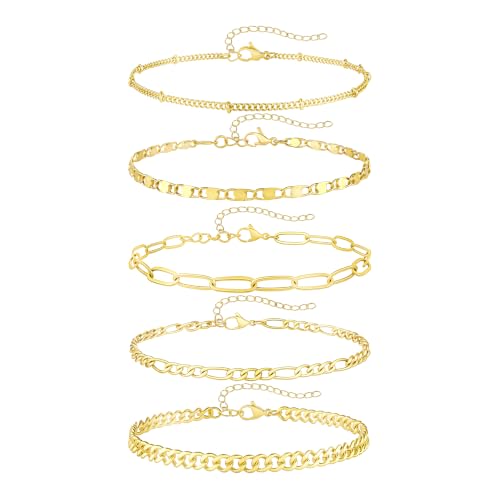 Fesciory 14K Gold Ankle Bracelets for Women, Layered Stackable Anklet Set | 6 Pcs Anklet Set, Layered Ankle Bracelet, Cuban Link Design, Stackable Plus Size, Adjustable Fit, Summer Beach Jewelry - color: Set3-Gold 5Pcs
