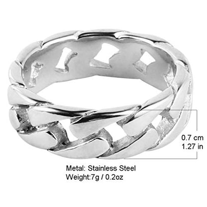 HZMAN Mens Stainless Steel 7mm Wide Band Cuban Link Chain Ring, Silver Gold Black - color: 7mm-Silver