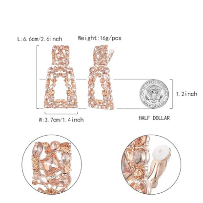 Flyonce Rectangle Clip-on Drop Earrings for Women, Sparkly Rhinestone Crystal Geometric Statement Non Pierced Earring Wedding Prom Party Jewelry for Brides Bridesmaid - color: Champagne Color
