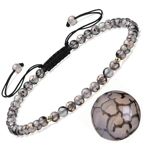 Natural Stone&925 Sterling Silver/18K Gold Anklet,│4MM│9-12 in│, Hand Woven, Adjustable Size - color: Black Dragon Pattern Agate Anklet，4MM