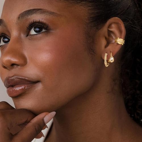 Women Gold Earrings Huggie Hoop Cubic Zirconia 14K Gold Plated Small Simple Hypoallergenic Everyday Jewelry - style: Bamboo