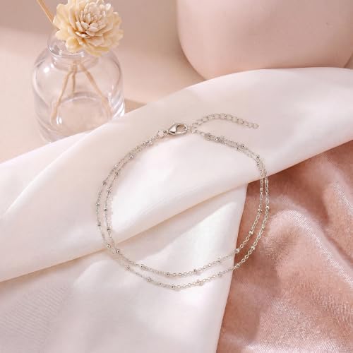 Dainty Layered Ankle Bracelets for Women Waterproof, 14K Gold/Silver Plated Anklets Beaded Satellite Chain Ankle Bracelet Set Trendy Beach Summer Fashion Jewelry Gift - style: Style 1-Silver