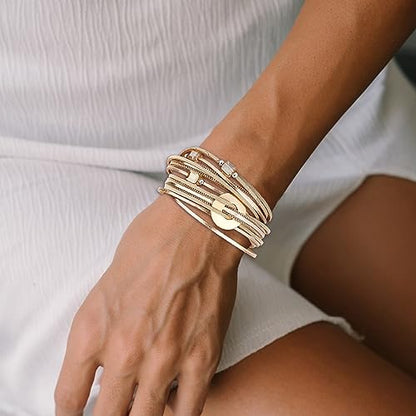 Long tiantian Boho Western Bracelets for Women Leather Wrap Bracelets Turquoise Bracelet Western Jewelry Country Concert Outfits - color: heishi bracelet(gold)