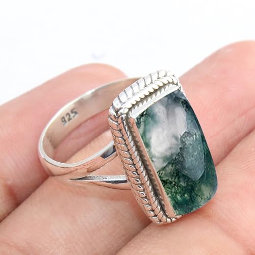 Solid 925 Sterling Silver Ring For Women, Gemstone Ring, Silver Statement Ring, June Birthstone, Bezel Set Rectangle White Gemstone Hypoallergenic Art Deco Ring Christmas Gift