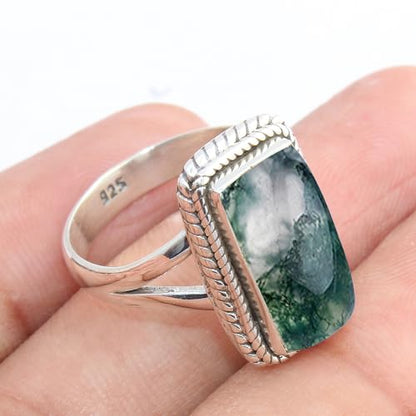 Solid 925 Sterling Silver Ring For Women, Gemstone Ring, Silver Statement Ring, June Birthstone, Bezel Set Rectangle White Gemstone Hypoallergenic Art Deco Ring Christmas Gift
