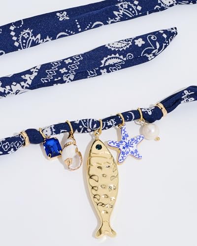 Chunky Gold Fish Pendant Necklace For Women Long Silk Scarf Turquoise Strand Necklace With Fish Pendants Boho Beach Shell Statement Necklaces - style: Scarf Strand