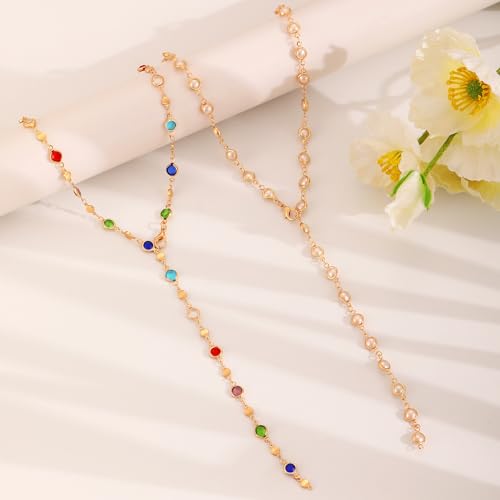 Rainbow Beaded Lariat Necklace for Women Boho Colorful Adjustable Jewelry Lightweight Dainty Chain for Everyday Vacation Wear - color: White CZ