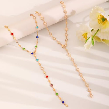 Rainbow Beaded Lariat Necklace for Women Boho Colorful Adjustable Jewelry Lightweight Dainty Chain for Everyday Vacation Wear - color: White CZ