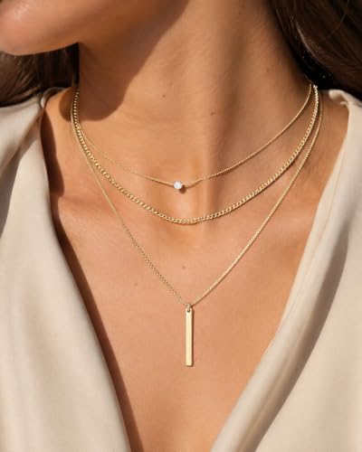 Gold Necklace Stack, Layered Gold Necklaces for Women Jewelry Set | 14K Gold Plated, Separate Chains, Pendant, Dainty, Non Tarnish, Delicate, Chain, Multi, Gift - color: 3 Layer-Bar Gold
