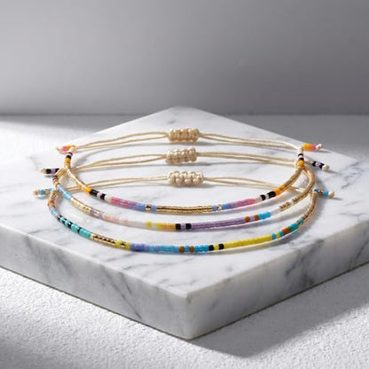 Seed Beaded String Rope Adjustable Bracelets Set for Women Men, Small Colorful Boho Rice 3Pcs Stack Handmade Thin Jewelry, Daily Beach Vacation Friendship Gift - color: Purple Blue G