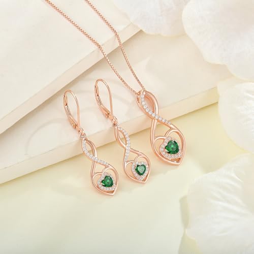 Infinity Heart Rose Gold Jewelry Set for Women 925 Sterling Silver Emerald Necklace and Earrings Set May Birthstone Jewelry Gifts