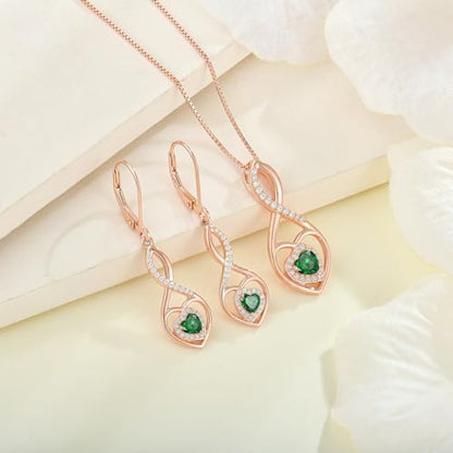 Infinity Heart Rose Gold Jewelry Set for Women 925 Sterling Silver Emerald Necklace and Earrings Set May Birthstone Jewelry Gifts