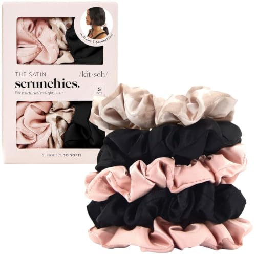 Kitsch Satin Scrunchies for Women | For All Hair Types - Assorted, 5pcs | Wake Up Frizz-Free, No Crease Hair Ties, Softer Than Silk Scrunchies, Stylish Hair Accessories For All Hair Types - color: Blush & Black