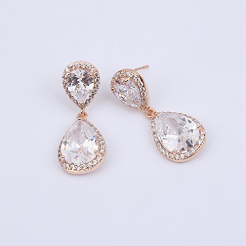 Teardrop Dangle Earrings for Wedding - Sparkly Sterling Silver Cubic Zirconia Crystal Rhinestone Drop Earrings Pierced Austrian Style Hypoallergenic Earrings Womens Bridal Jewelry - style: teardrop wedding earring(RG)