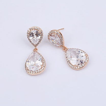 Teardrop Dangle Earrings for Wedding - Sparkly Sterling Silver Cubic Zirconia Crystal Rhinestone Drop Earrings Pierced Austrian Style Hypoallergenic Earrings Womens Bridal Jewelry - style: teardrop wedding earring(RG)