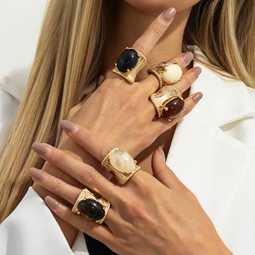 Chunky Gold Square Knuckle Finger Ring Set 5Pcs for Women, Vintage Rhinestone Statement Ring, Resin Swirl Gemstone Open Band Geometric Wide Bangle, Personalized Trendy Jewelry Accessories Gift