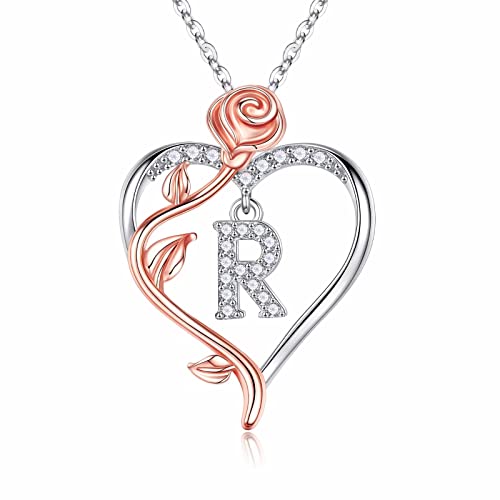 Iefil Rose Heart Initial Necklace, Anniversary Birthday Gifts for Women | Gift Box Packaging, 925 Sterling Silver, Jewelry Gift for Her Wife Mom Girlfriend, Initial A-Z, 19+2inches - color: IEFIL Jewelry Box, style: R