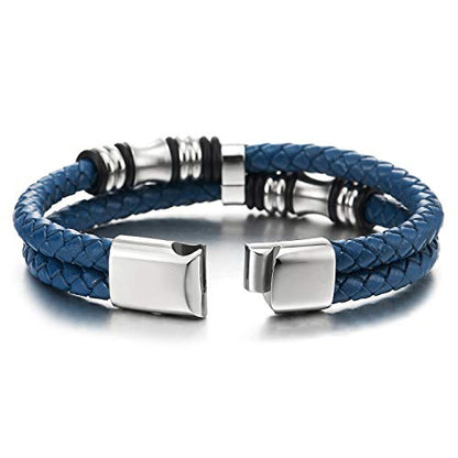 COOLSTEELANDBEYOND Mens Double-Row Braided Leather Bracelet Bangle Wristband with Black Stainless Steel Ornaments - color: E-Blue Silver