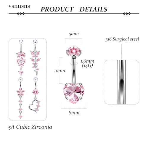 Vsnnsns 14G Dangle Belly Button Ring Piercing Jewelry 316L Stainless Surgical Steel Navel Rings Cubic Zirconia Heart Flower CZ Dangling Belly Button Ring Piercing Jewelry for Women 14 Gauge - color: Silver-Pink CZ