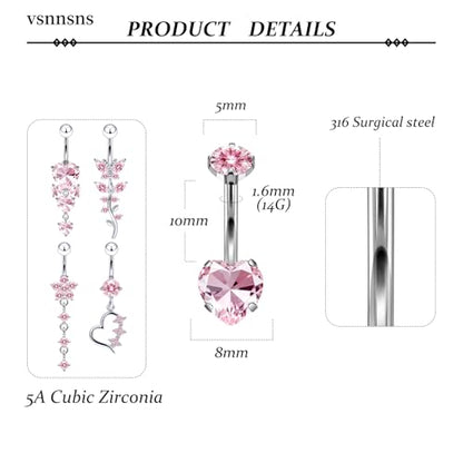Vsnnsns 14G Dangle Belly Button Ring Piercing Jewelry 316L Stainless Surgical Steel Navel Rings Cubic Zirconia Heart Flower CZ Dangling Belly Button Ring Piercing Jewelry for Women 14 Gauge - color: Silver-Pink CZ