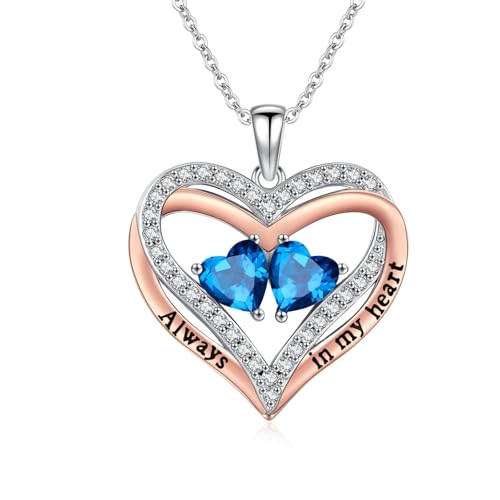 Heart Birthstone Necklace for Women 14K Rose Gold/White Gold Filled Overlapping Double Hearts Pendant Anniversary Valentine's Day Birthday Mother's Day Christmas Gifts for Wife Mom Daughter Her - color: 03-03-Mar-Mar Birthstone-A, style: Double-Layered Lo