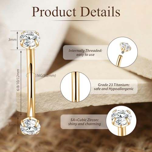 PEAKLINK G23 Titanium Eyebrow Piercing Jewelry 16G Eyebrow Rings Curved Barbell Small Belly Ring Rook Daith Earrings Vertical Labret Lip Piercing 6mm-12mm - color: Gold