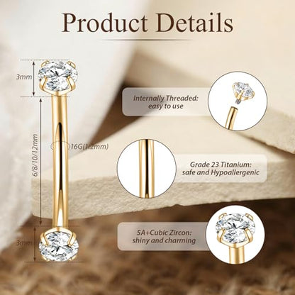 PEAKLINK G23 Titanium Eyebrow Piercing Jewelry 16G Eyebrow Rings Curved Barbell Small Belly Ring Rook Daith Earrings Vertical Labret Lip Piercing 6mm-12mm - color: Gold
