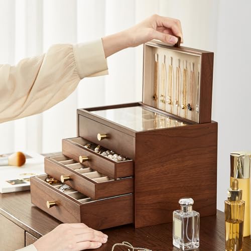 Walnut Wooden Women Jewelry Box with Pull-out Necklace Storage | 4 Layer Large Wood Jewelry Drawer Organizer, Glass Lid, For Watch Necklace Ring Earring Storage - style: 4 Layer B