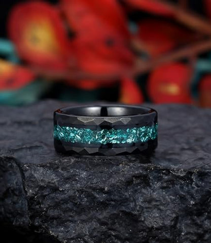 8mm Black Tungsten Mens Wedding Band with Moss Agate/Emerald/Citrine | Amethyst/Aquamarine, Gothic, Birthstone, Hammered, Engagement Promise Ring, Anniversary Valentine Day Birthday Gift for Him - style: Greenish Blue Aquamarine