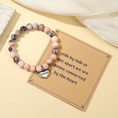 MIXJOY Inspirational Gifts for Women, Heart Charm Pink Elastic Beads Bracelet, Positive Affirmations Get Well Soon Gifts - style: cousins charm side by side pink
